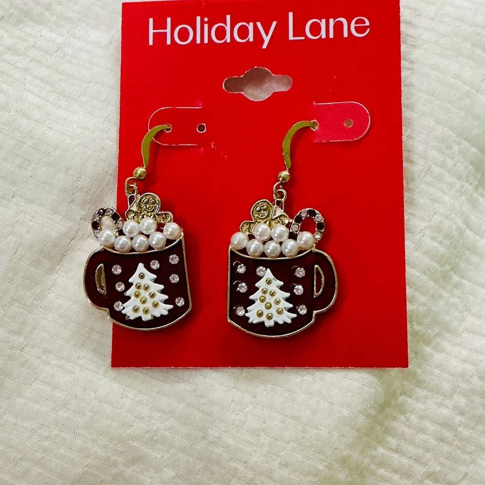 Holiday Lane Festive Mug Earrings - Brown and White